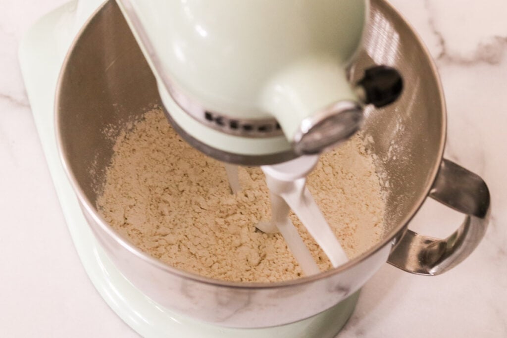 dry ingredients mixing in a stand mixer