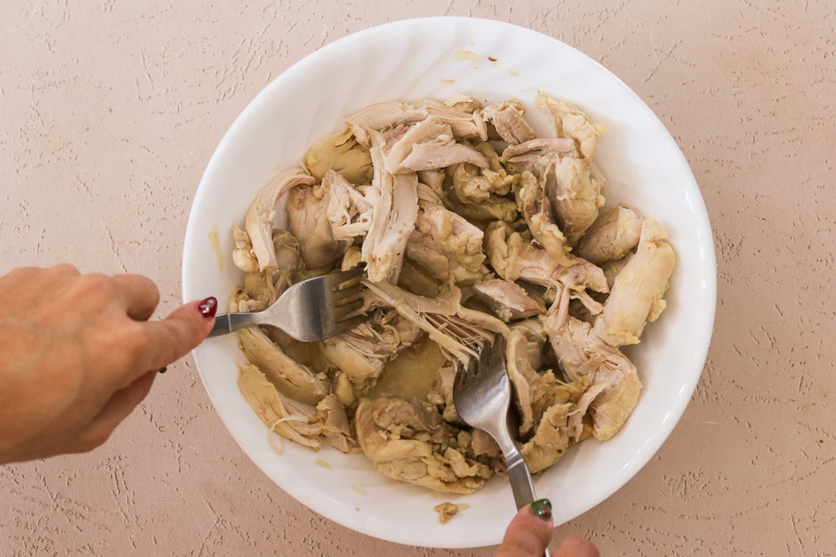 Cooked chicken thighs on a white plate; hands are shredding them with two forks.