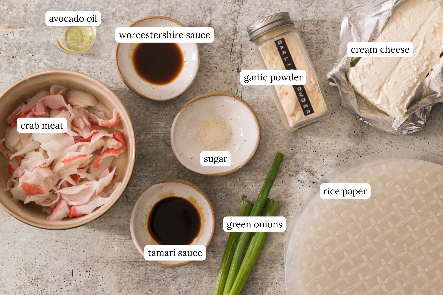 Ingredients for gluten-free crab rangoon recipe arranged and labeled on a gray countertop.