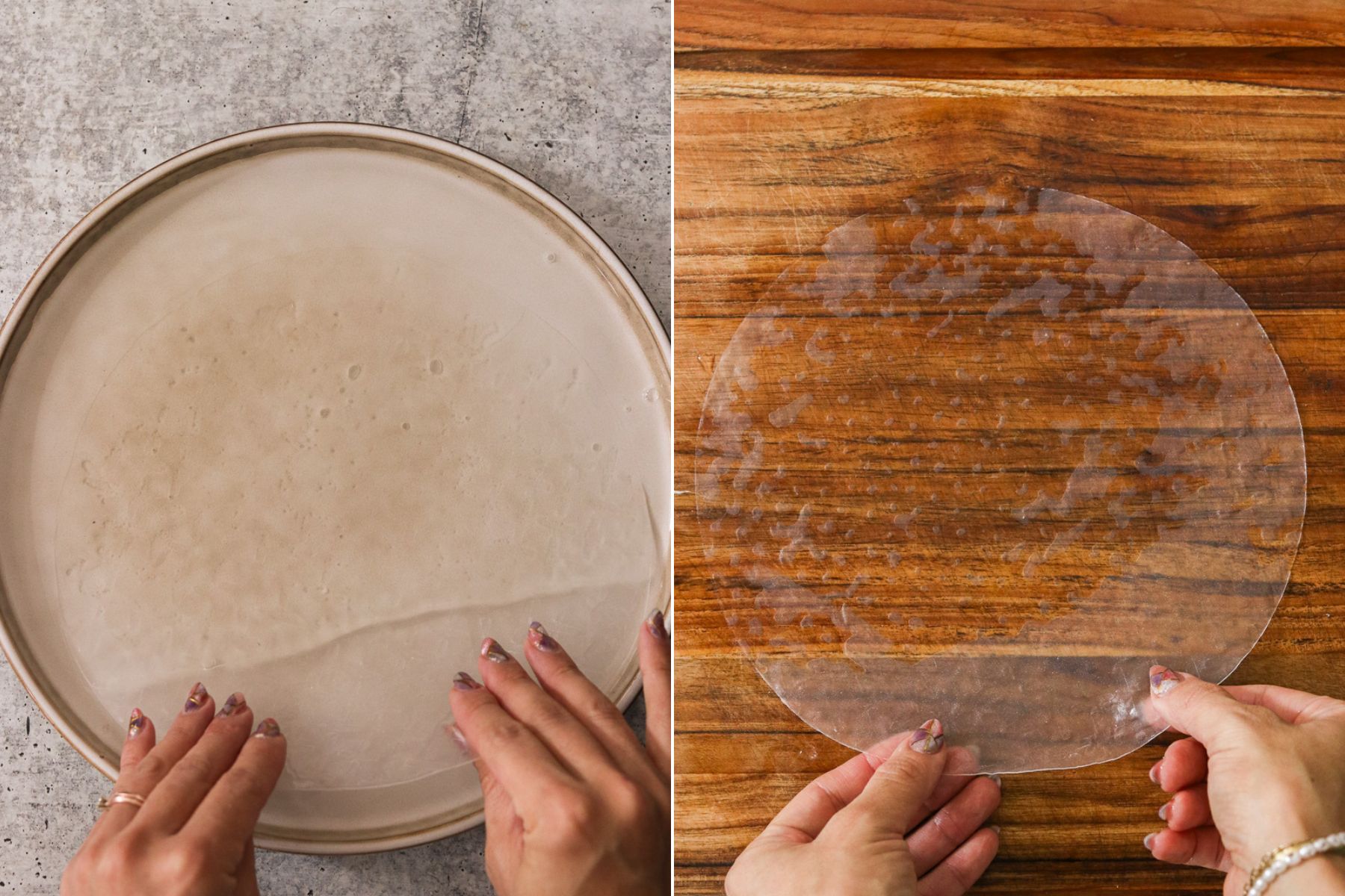 Hands dipping a sheet of rice paper into a shallow bowl of water and laying it flat on a damp wooden cutting board.