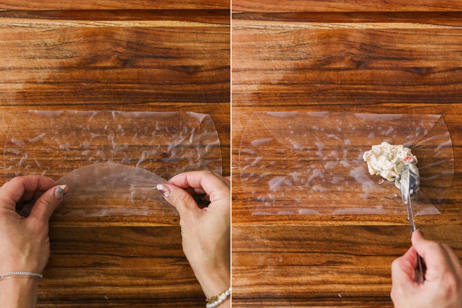 Hands folding the top and bottom edges of rice paper toward the center and adding a spoonful of filling on one side.