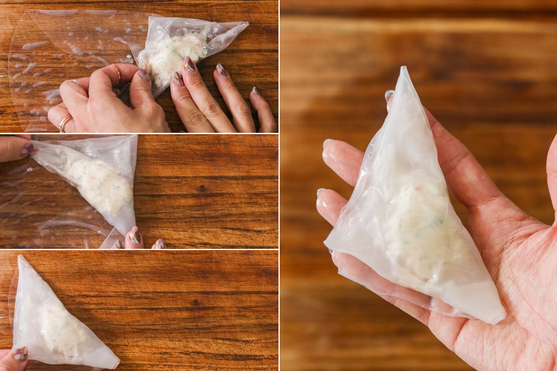 Hands folding rice paper over the filling into a triangle and rolling it closed to form a gluten-free crab rangoon.