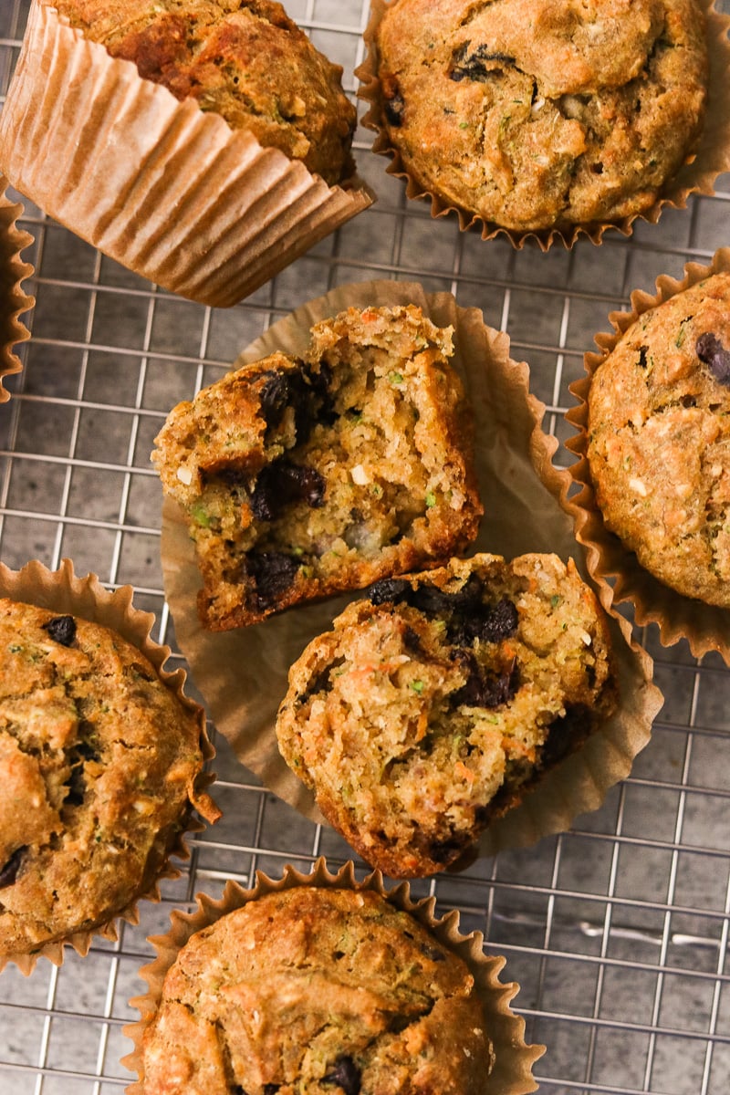 Close-up of a gluten-free morning glory muffin broken in half.