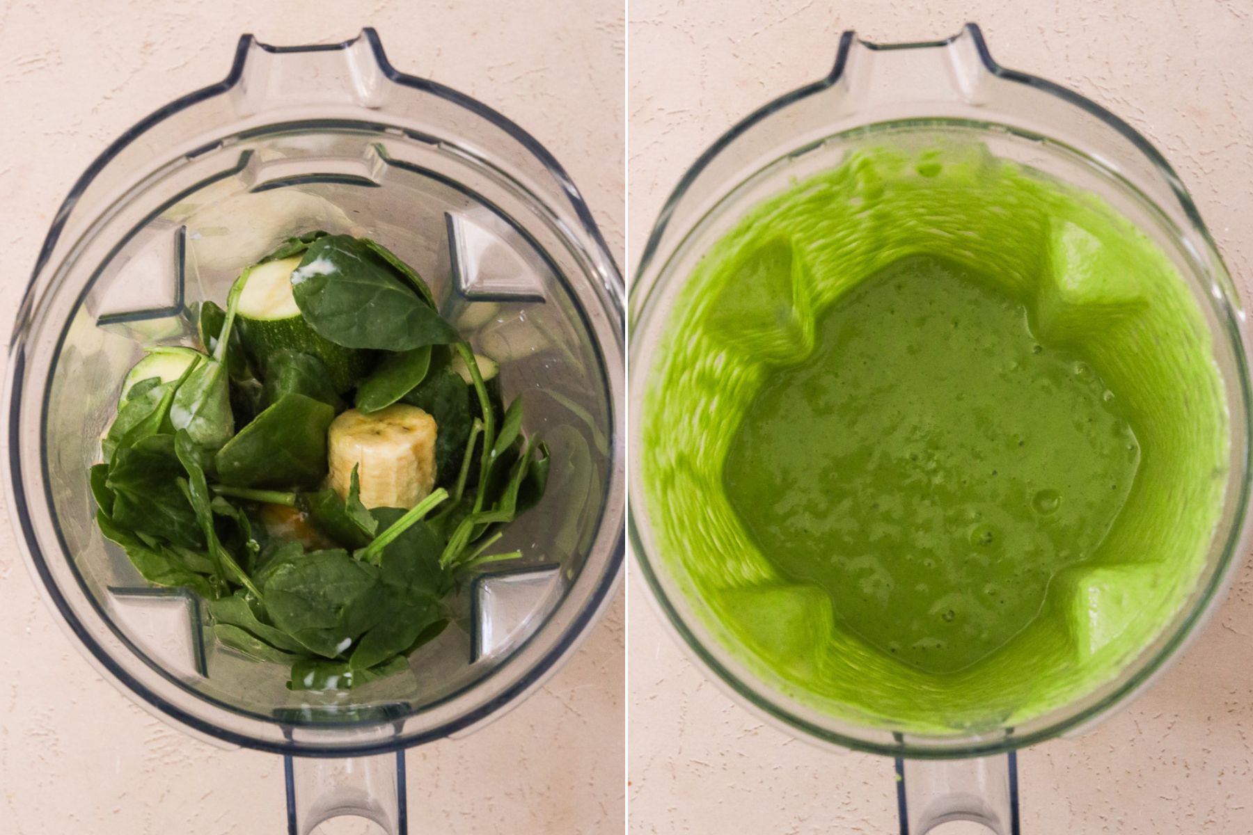 Blended wet ingredients for hidden veggie chocolate muffins in a high-powered blender, including banana, zucchini, and spinach.