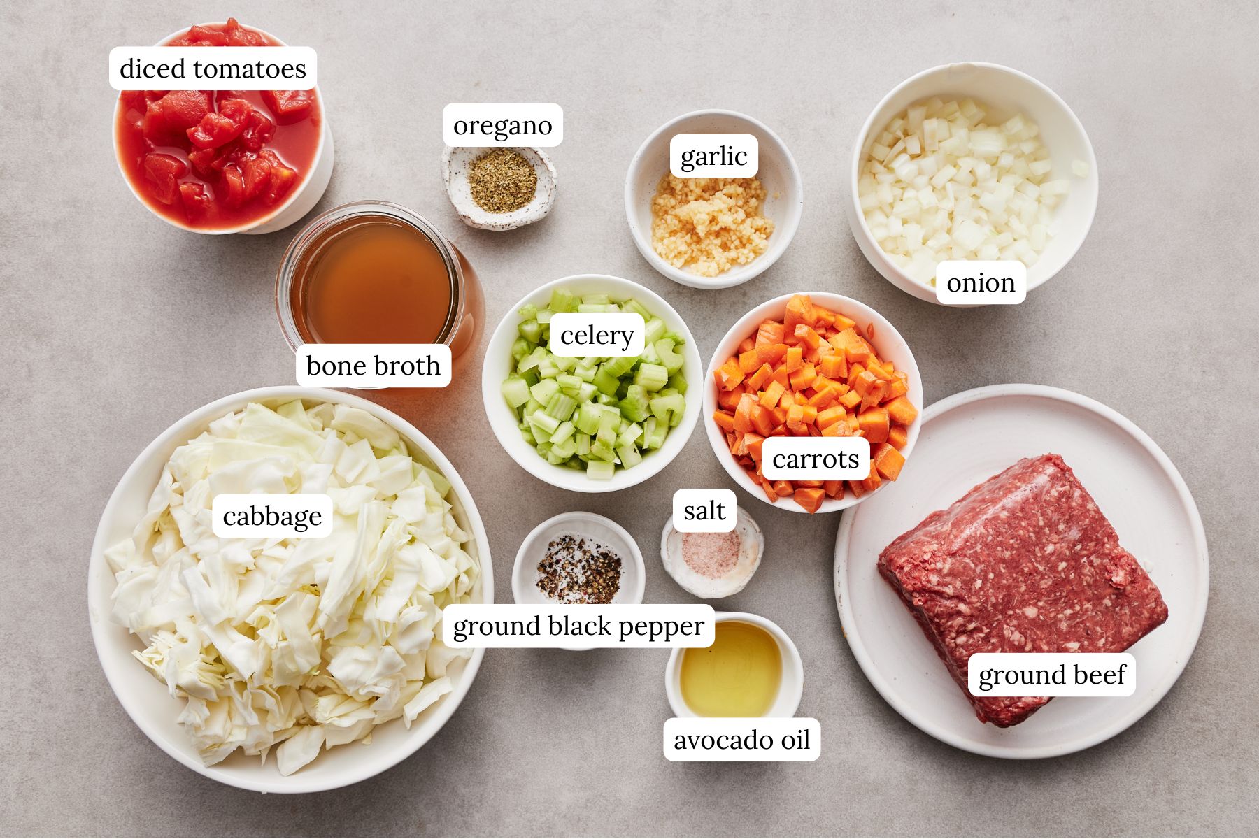 cabbage soup recipe ingredients on a countertop including ground beef, cabbage, onions, seasonings, tomatoes, carrots, and celery.