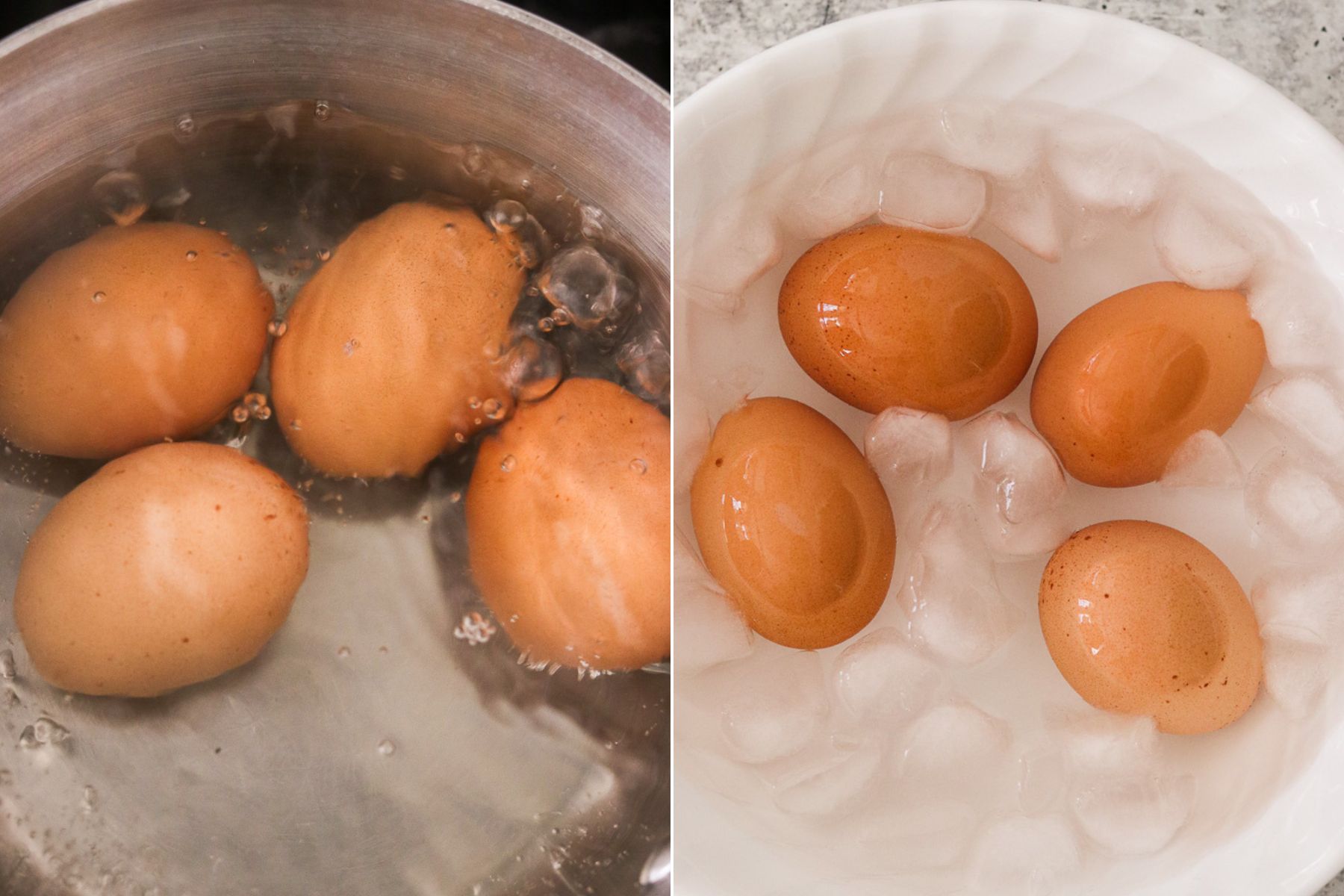 Side-by-side images of soft-boiled eggs cooking in a saucepan of boiling water and cooling in an ice bath.