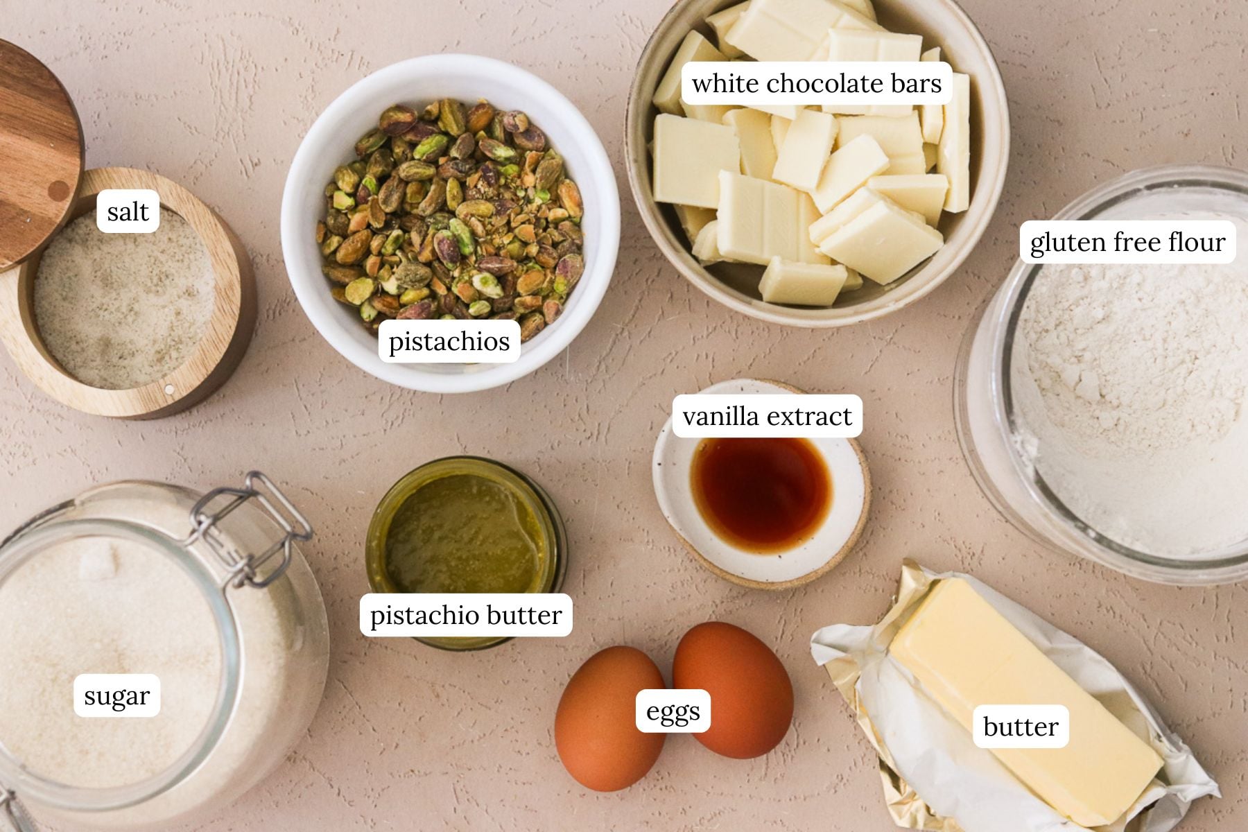 Pistachio blondies recipe ingredients labeled and laid out on a countertop.