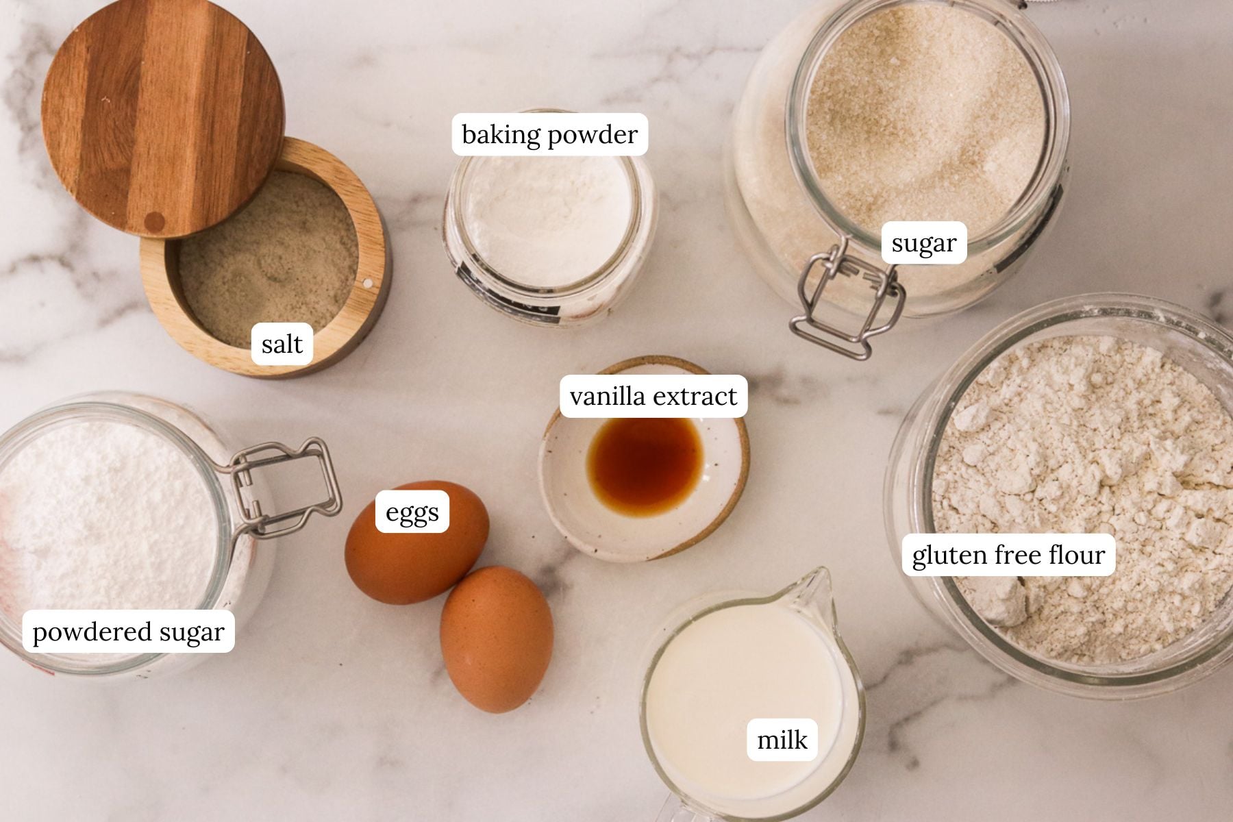 Recipe ingredients for funnel cake fries laid out and labeled.