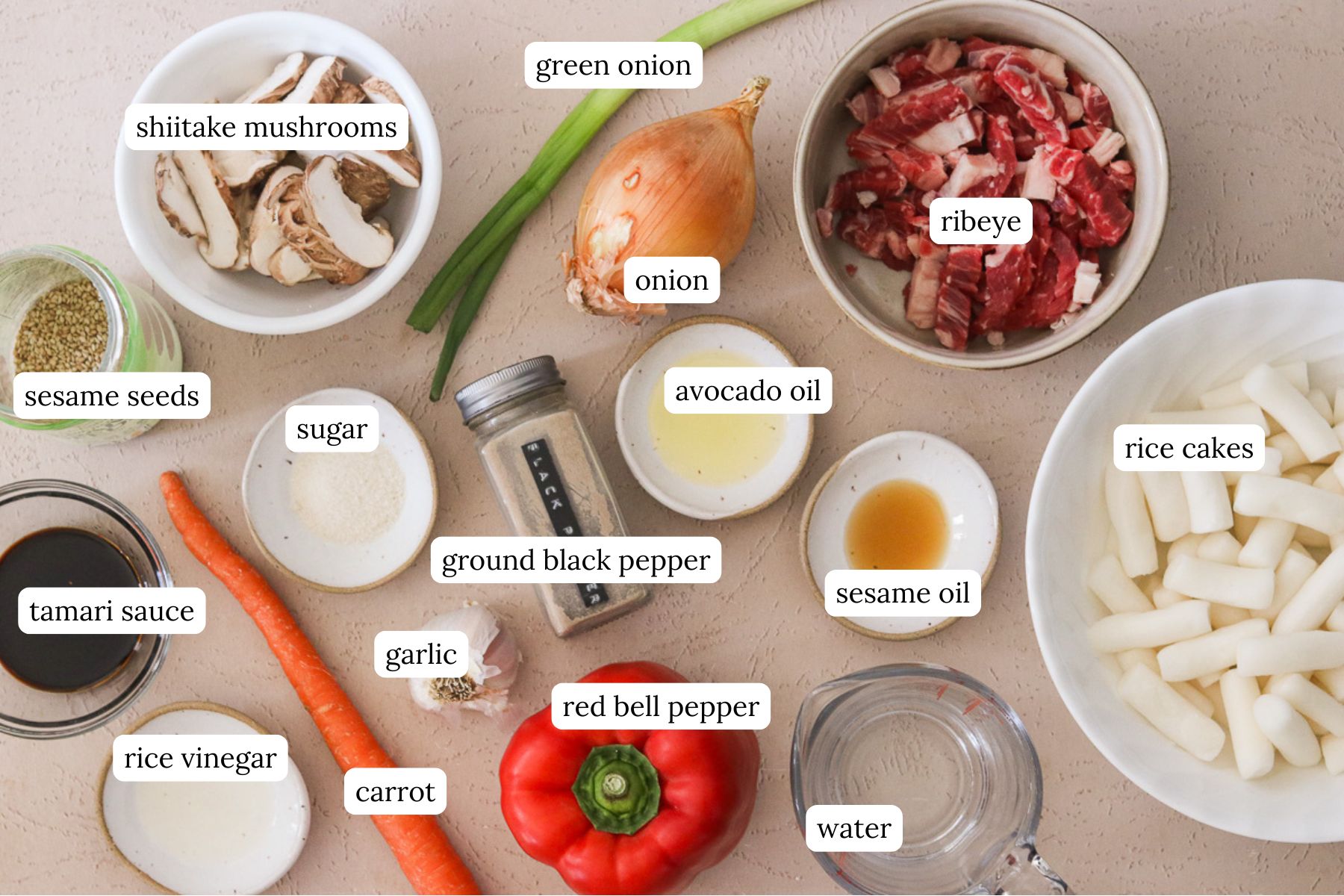 flat lay of ingredients to make homemade gungjung tteokbokki