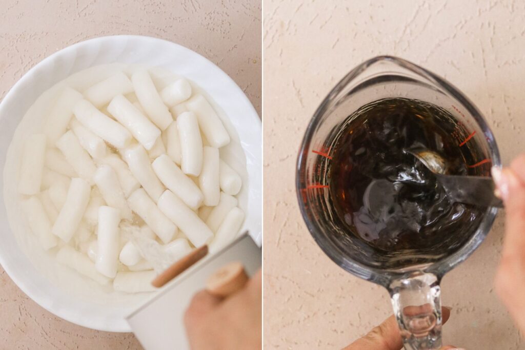 soaking rice cakes and making a soy sauce based marinade in a small jar