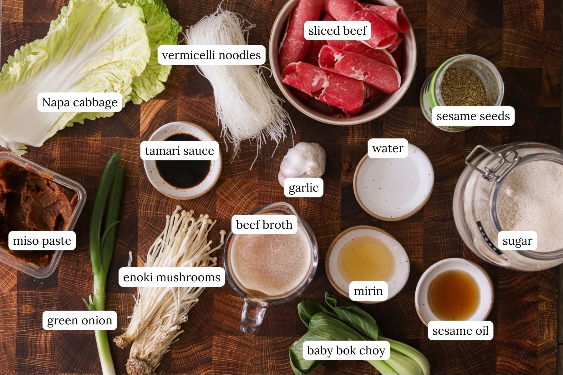 Ingredients for microwave hot pot recipe arranged and labeled on a wooden countertop.