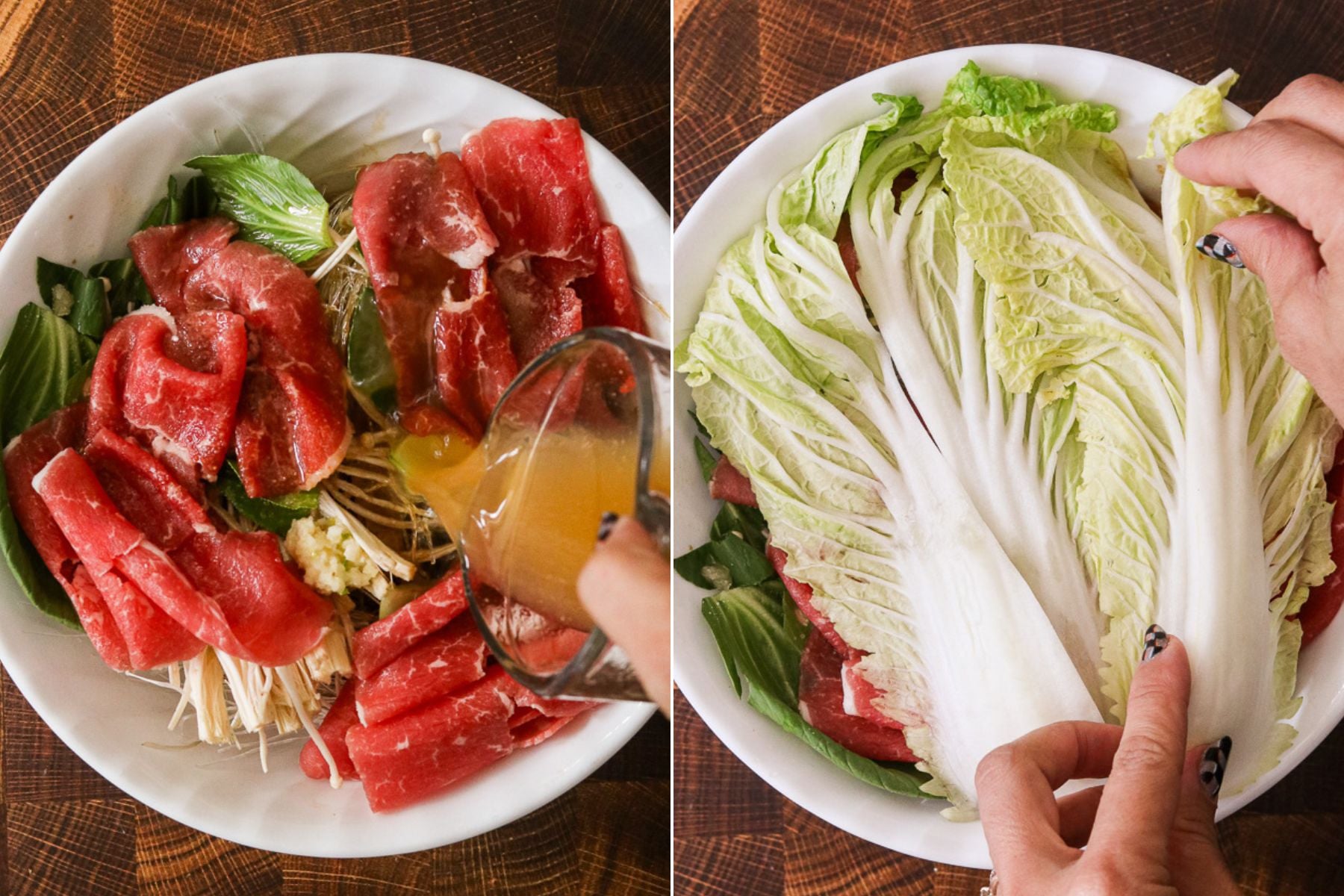 Beef broth poured over ingredients and topped with napa cabbage leaves to trap steam.
