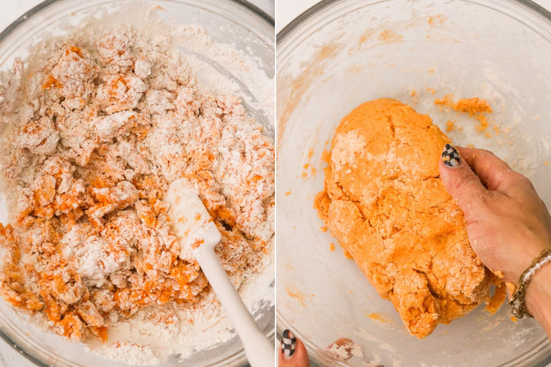 Split image showing flour being added to the dough, and the dough and flour mixed together.