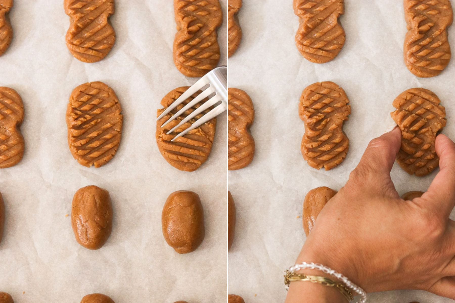 Flattening cookie dough with a fork and pinching the center to shape gluten-free nutter butters.