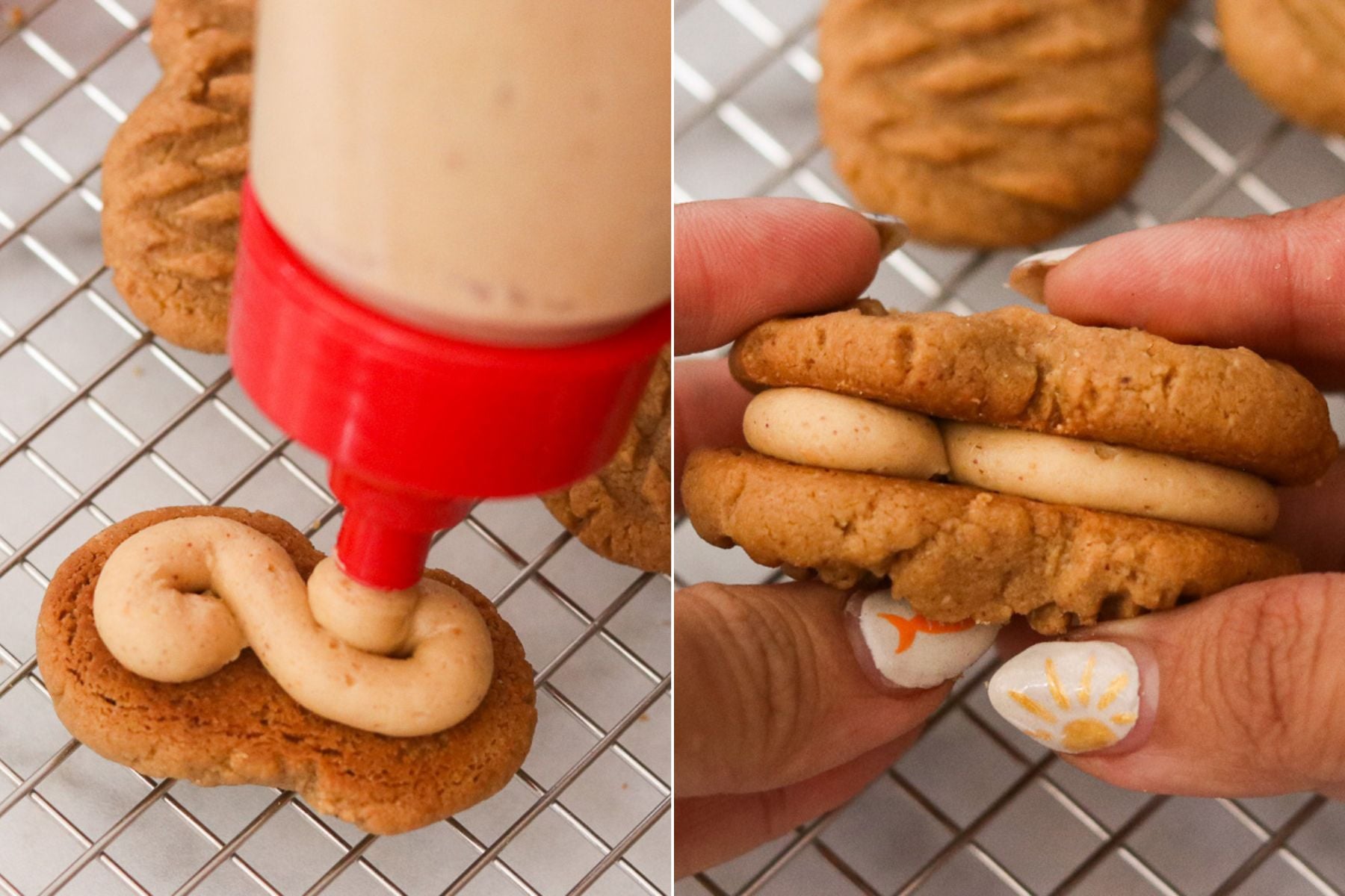 A squeeze bottle spreading peanut butter filling onto a cookie and sandwiching with another to make nutter butters.