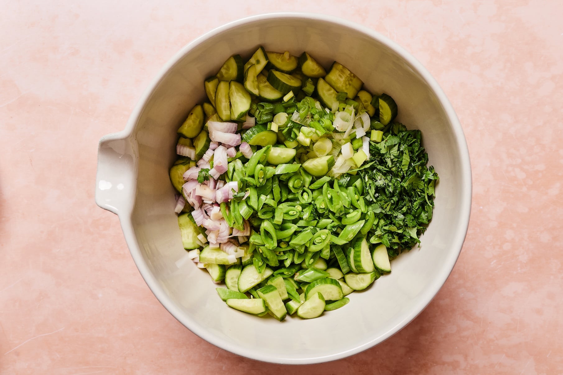 Sugar snap peas, sliced Persian cucumbers, green onions, shallot, and cilantro in a large bowl before adding the dressing.