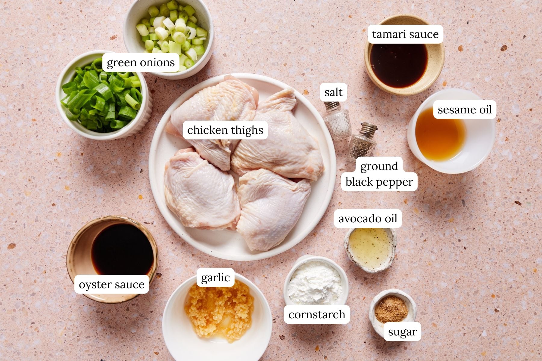 Crispy scallion chicken recipe ingredients laid out in nesting bowls and labeled.