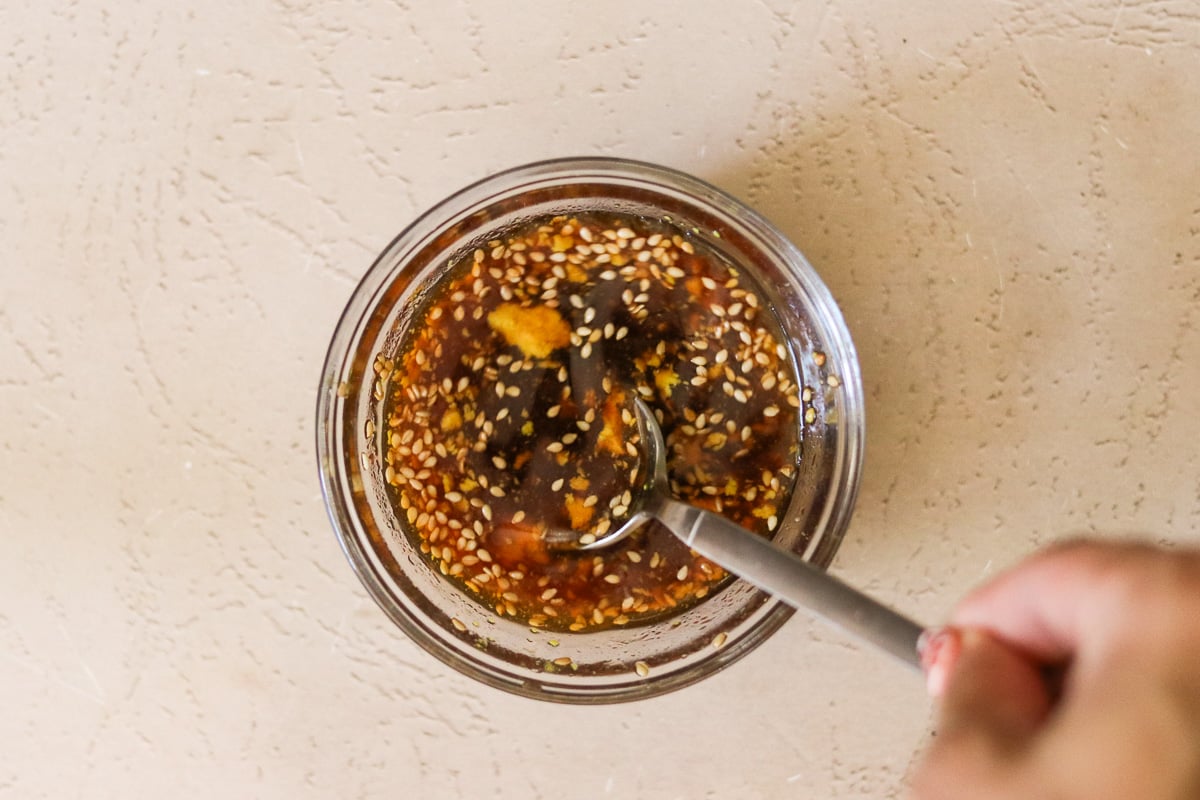 Dipping sauce ingredients combined and stirred together in a small bowl.