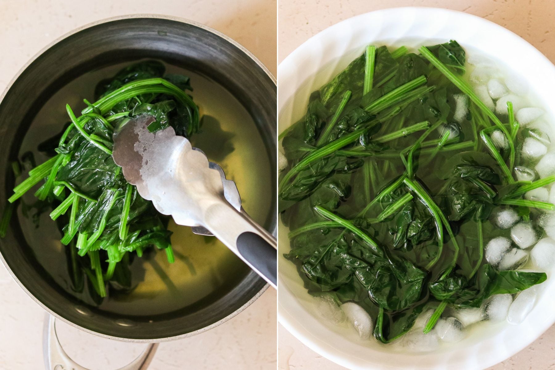 Side-by-side photos of spinach being blanched in boiling water before transferring to an ice bath.