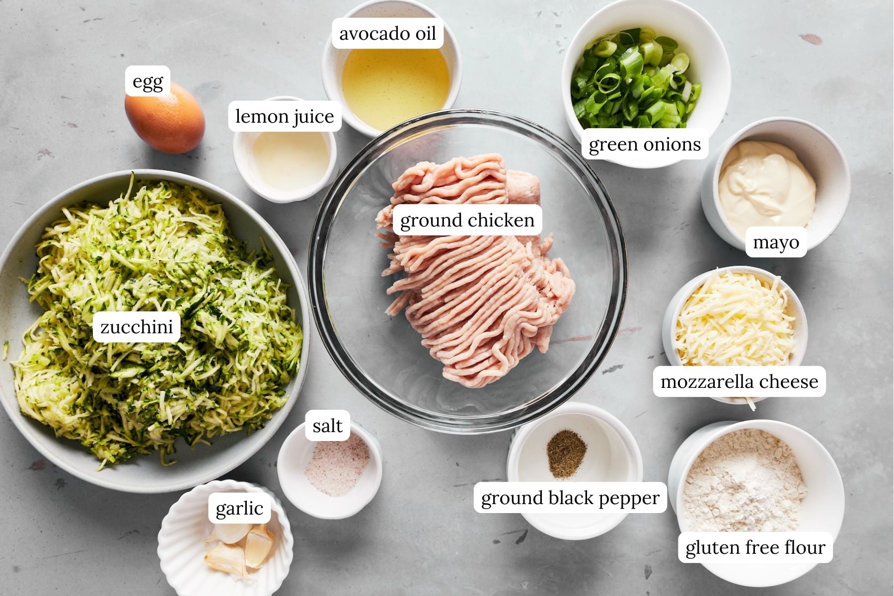 Gluten-free zucchini fritters recipe ingredients laid out and labeled on a light gray counter top.
