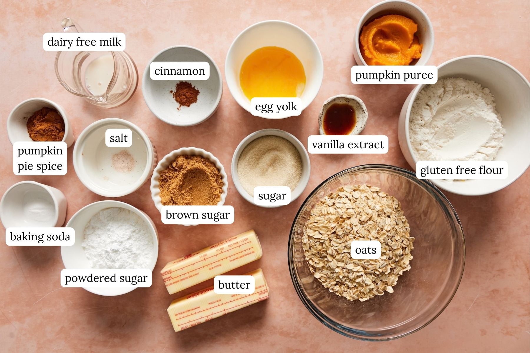 Recipe ingredients for gluten-free oatmeal cream pies labeled on a pink countertop.