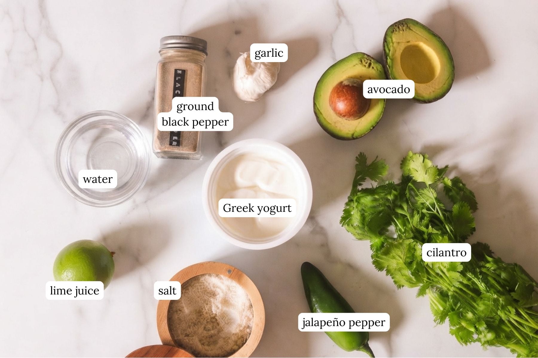 Flat lay of recipe ingredients to make creamy avocado cilantro sauce.