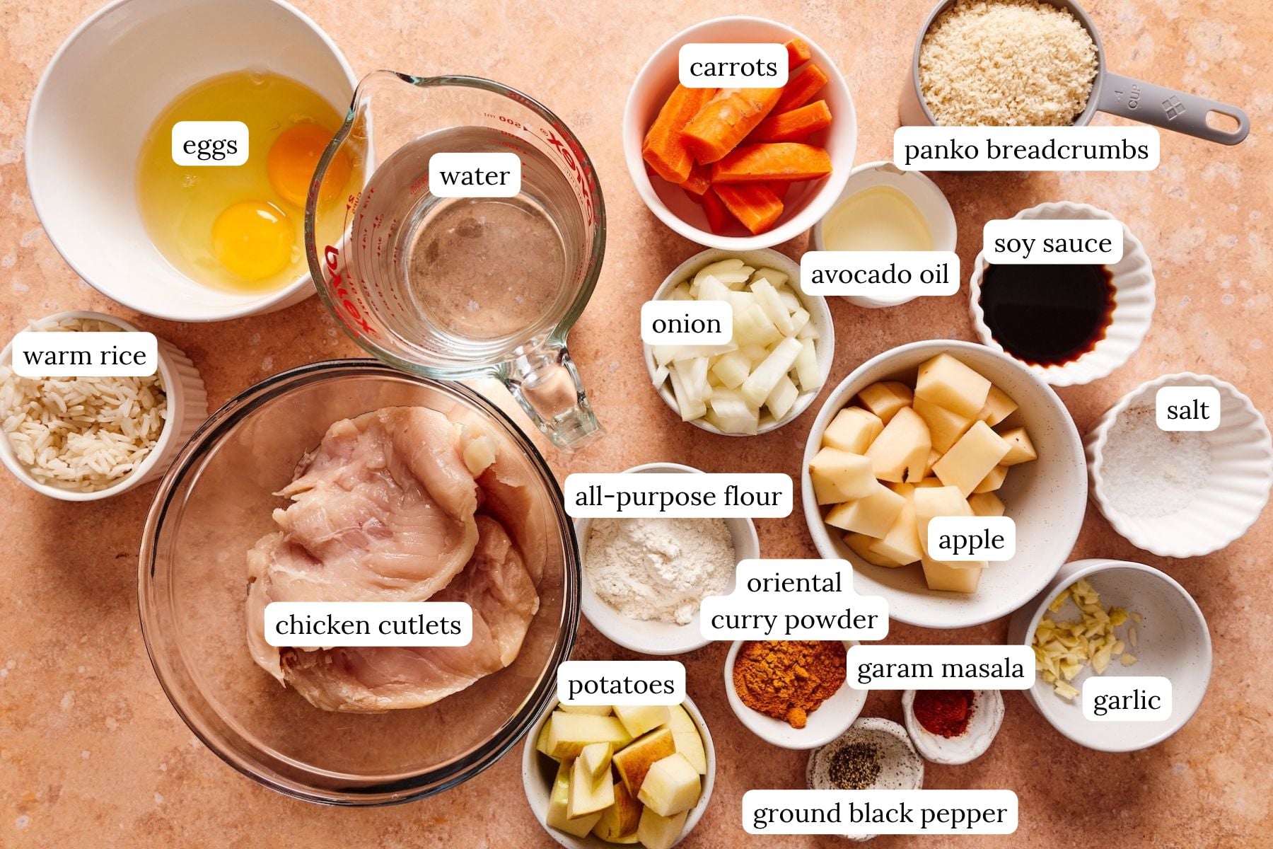 A flat lay of chicken katsu curry ingredients labeled on a counter.