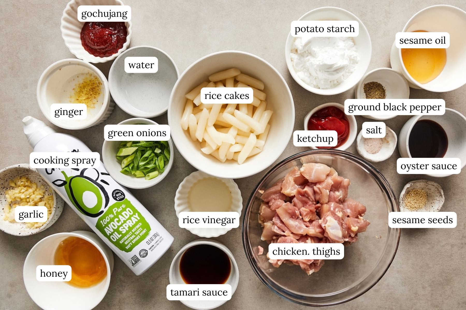 A flat lay of ingredients for Korean popcorn chicken in bowls and labeled on a countertop.